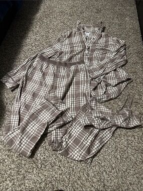 PINK Victoria's Secret Taupe & White Plaid Pajama Set with Bralette